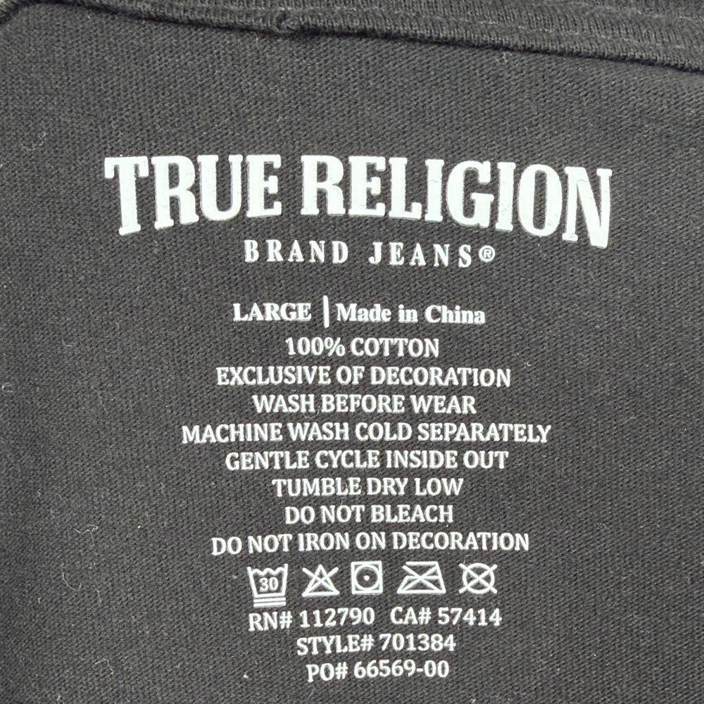 True Religion NWT Black and Cream Long Sleeve Tee. Raised logo. Mens Size L - Picture 2 of 7